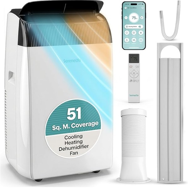 SereneLife Portable Air Conditioner 12000 BTU with Heat & WiFi, Portable AC Air Conditioning Unit, 4-in-1 with Cooling, Heating, Fan & Dehumidifier Modes, Self-Evaporating & Sleep Mode for Living Room